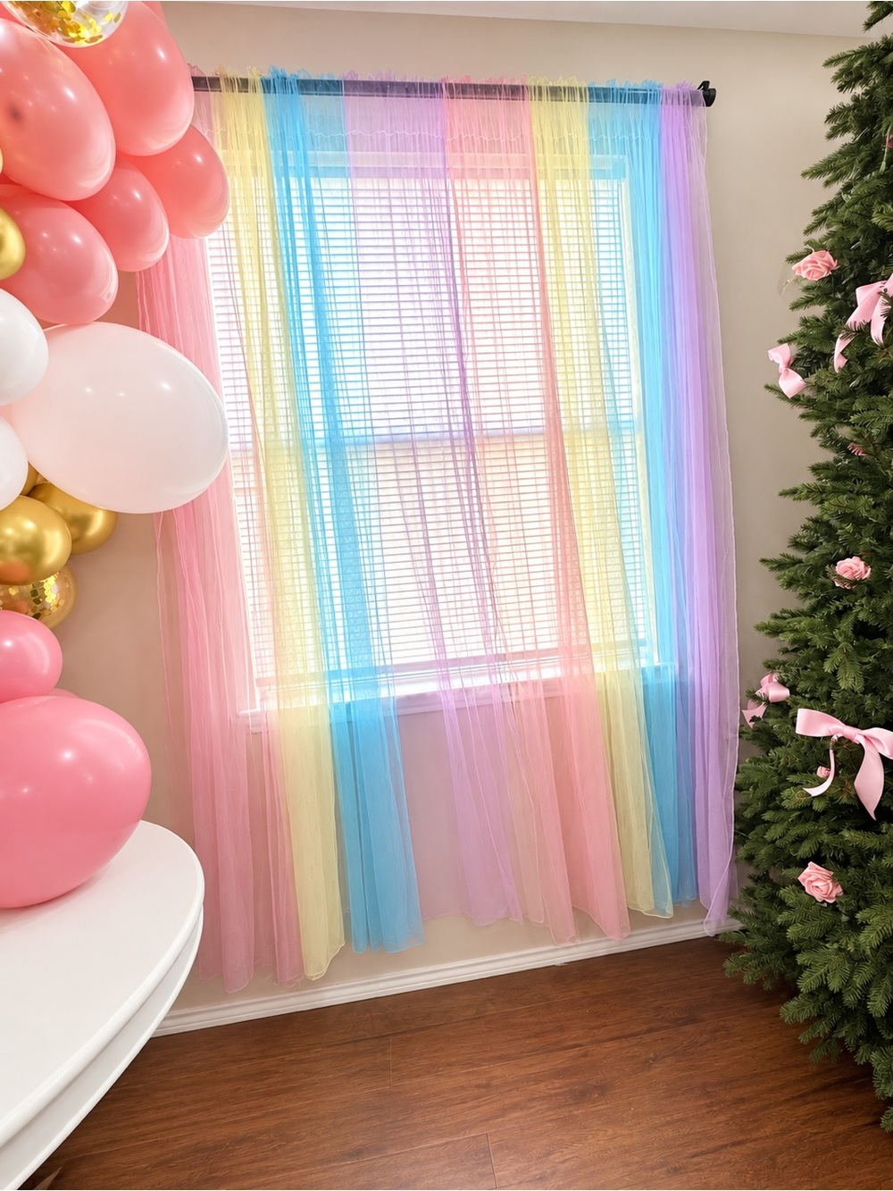 Pastel Rainbow Sheer Tulle Curtain Panel - Multicolor Window Drapery